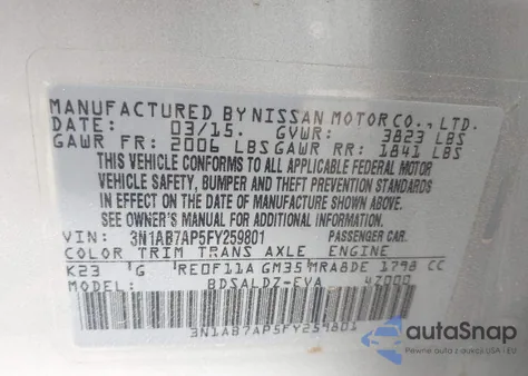 2015 Nissan Sentra Sv z USA, uszkodzony, nr VIN 3N1AB7AP5FY259801